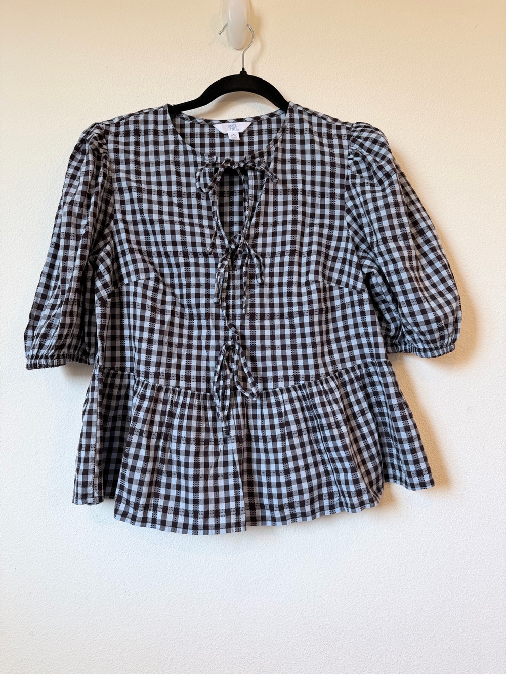 Time and Tru Brown and Blue Gingham Tie-Front Peplum Blouse